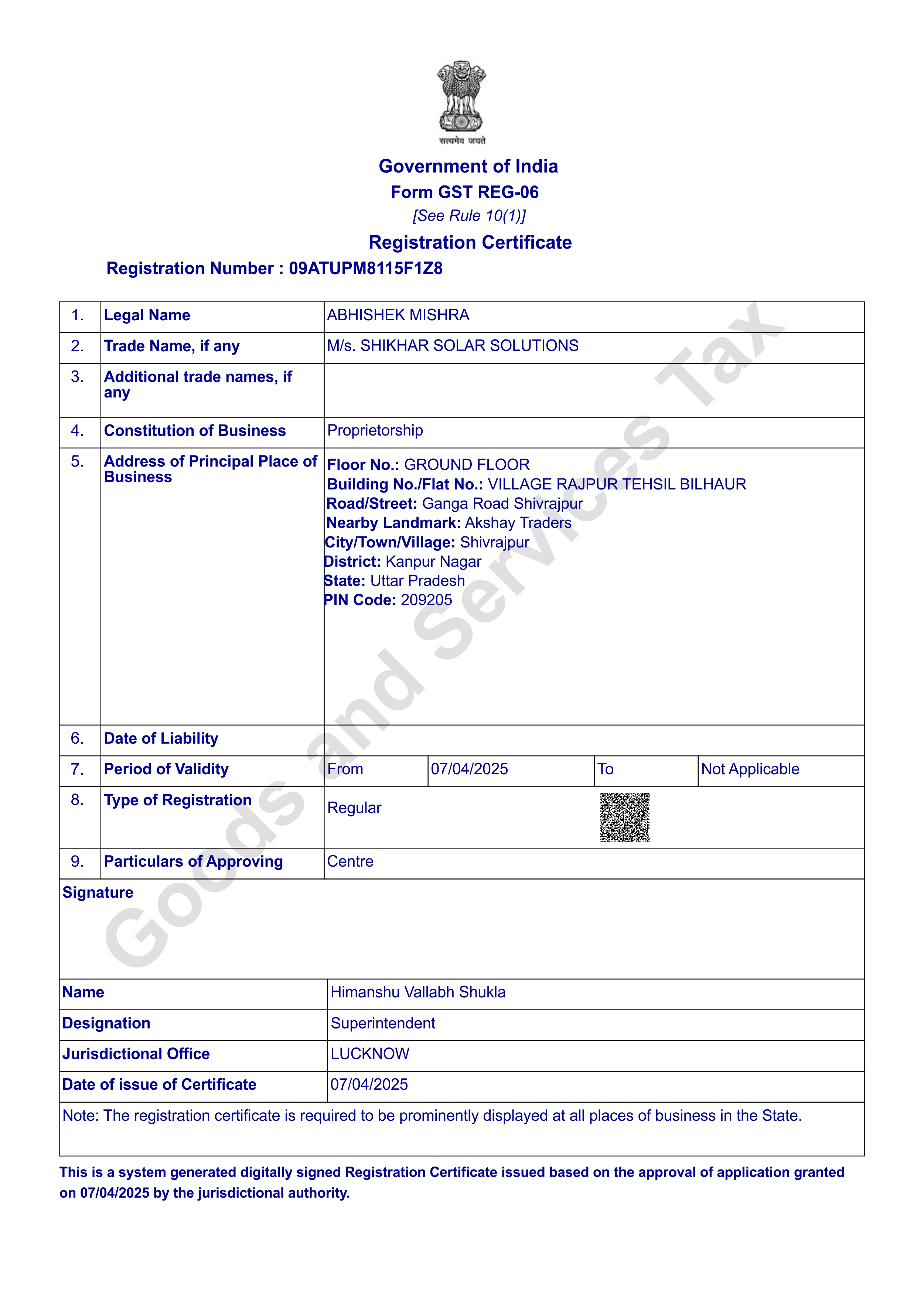 SHIKHAR SOLAR SOLUTIONS
 GST Certificate